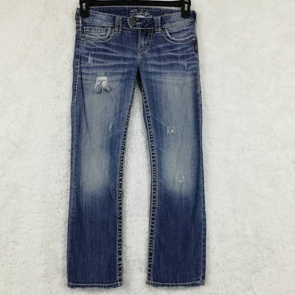 Silver Jeans Womens Tuesday Capri Straight Leg‎ Blue Distressed Stone Wash 25 - Picture 1 of 9